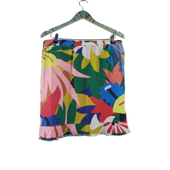 For Cynthia Big Floral Linen Distressed Frayed Hem Skirt, Lg - Picture 2 of 5